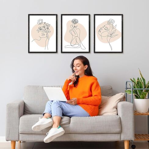 مجموعة من 3 لوحات فنية جدارية تجريدية للسيدات مؤطرة، ديكور جداري بخط أنثوي بسيط، فن جداري حديث جمالي بإطار خشبي لغرفة النوم وغرفة المعيشة (أسود) in Kuwait