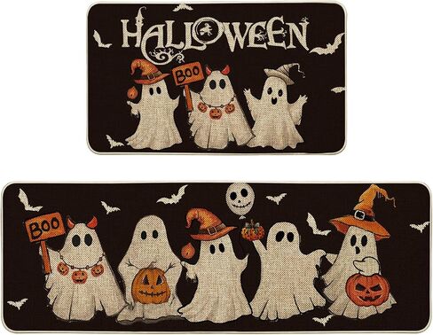 طقم سجاد مطبخ للهالوين باللون الأسود من Artoid Mode Ghost Pumpkin Bat مكون من قطعتين، سجاد مطبخ منخفض المستوى لديكور المنزل باللون الأسود للأرضيات - 17x29 و17x47 بوصة in Saudi Arabia