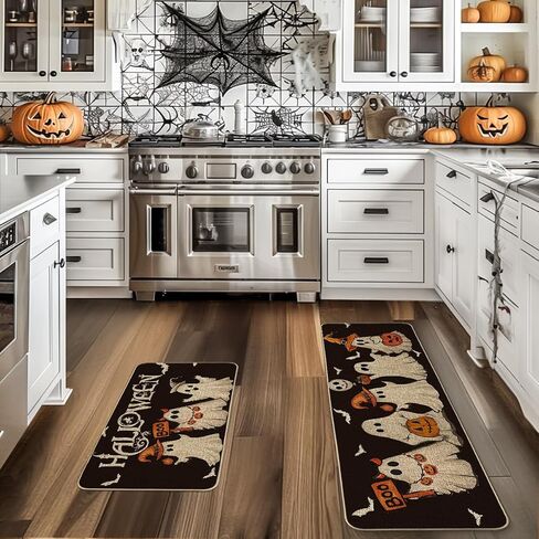 طقم سجاد مطبخ للهالوين باللون الأسود من Artoid Mode Ghost Pumpkin Bat مكون من قطعتين، سجاد مطبخ منخفض المستوى لديكور المنزل باللون الأسود للأرضيات - 17x29 و17x47 بوصة in Saudi Arabia