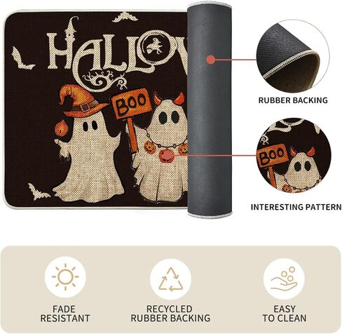 طقم سجاد مطبخ للهالوين باللون الأسود من Artoid Mode Ghost Pumpkin Bat مكون من قطعتين، سجاد مطبخ منخفض المستوى لديكور المنزل باللون الأسود للأرضيات - 17x29 و17x47 بوصة in Saudi Arabia