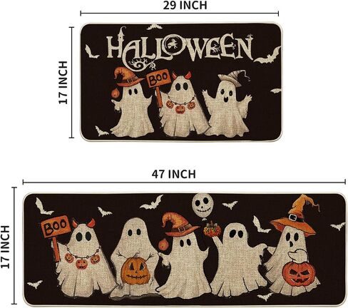 طقم سجاد مطبخ للهالوين باللون الأسود من Artoid Mode Ghost Pumpkin Bat مكون من قطعتين، سجاد مطبخ منخفض المستوى لديكور المنزل باللون الأسود للأرضيات - 17x29 و17x47 بوصة in Saudi Arabia