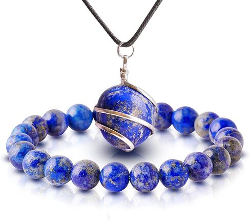 Lapis Lazuli Stone Bracelet & Lapis Lazuli Tumble Pendant Reiki Healing Natural Gemstones Crystals Bead Jewelry Positive Crystals Chakra Crystal Good Luck Charm Gems Energy Generator Gifts in Kuwait