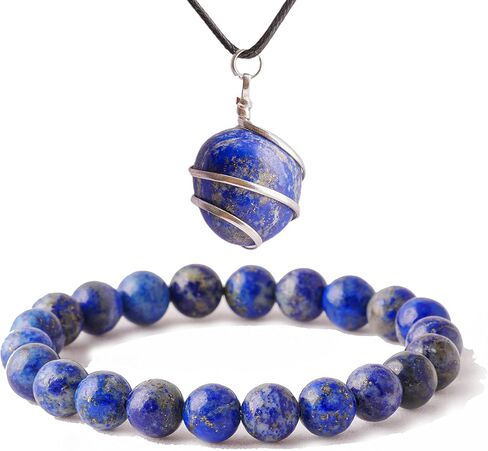 Lapis Lazuli Stone Bracelet & Lapis Lazuli Tumble Pendant Reiki Healing Natural Gemstones Crystals Bead Jewelry Positive Crystals Chakra Crystal Good Luck Charm Gems Energy Generator Gifts in Kuwait