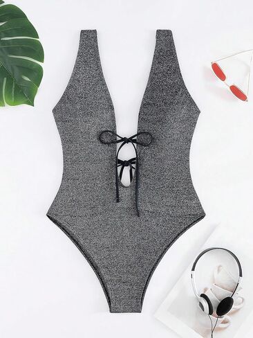 MakeMeChic Women's Plunge V Neck High Cut One Piece Swimsuits Backless Knot Front Bathing Suit Beachwear in Saudi Arabia