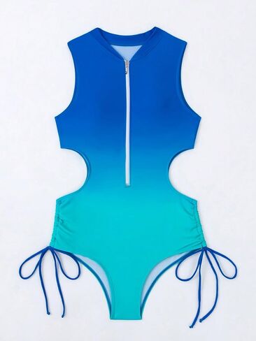 MakeMeChic Women's Ombre One Piece Swimsuit Zipper Drawstring Side Cut Out Bathing Suits Beachwear in Saudi Arabia