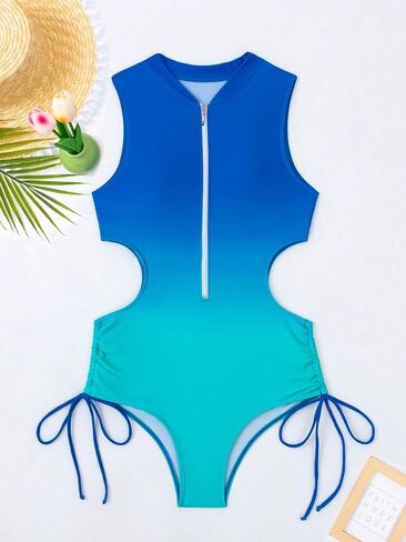 MakeMeChic Women's Ombre One Piece Swimsuit Zipper Drawstring Side Cut Out Bathing Suits Beachwear in Saudi Arabia