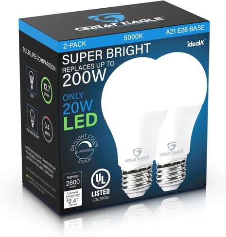 لمبة إضاءة LED فائقة السطوع من شركة Great Eagle Lighting Corporation 150W-200W مكافئة لضوء النهار 5000K مدرجة في قائمة UL (عبوتان) in Kuwait