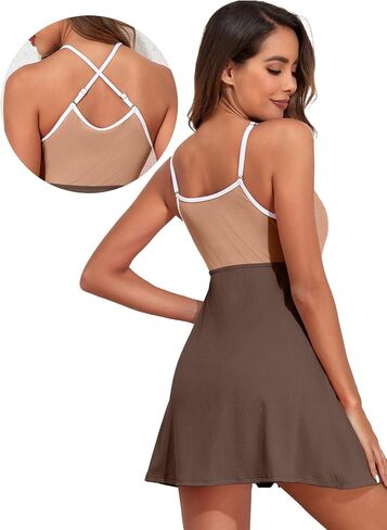Aleumdr Athletic One Piece Swimsuits Tummy Control Tankini Bathing Suits for Women Ribbed Swimsuits Skirt Swimwear with Pocket Oatmeal Medium in Saudi Arabia