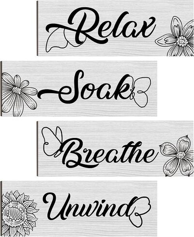 Tarklanda Wooden Bathroom Signage, 4 Pieces Decorative Wall Art, Soak Relax Unwind Breathe, Rustic Home Bathroom Decor, 25 x 9 cm/ 9.8 x 3.5 inches, Black in Saudi Arabia