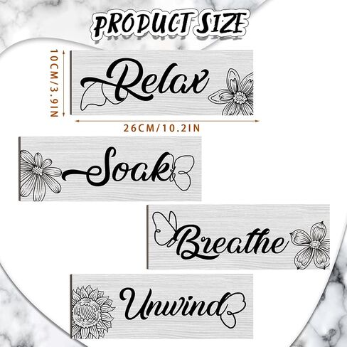 Tarklanda Wooden Bathroom Signage, 4 Pieces Decorative Wall Art, Soak Relax Unwind Breathe, Rustic Home Bathroom Decor, 25 x 9 cm/ 9.8 x 3.5 inches, Black in Saudi Arabia