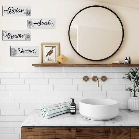 Tarklanda Wooden Bathroom Signage, 4 Pieces Decorative Wall Art, Soak Relax Unwind Breathe, Rustic Home Bathroom Decor, 25 x 9 cm/ 9.8 x 3.5 inches, Black in Saudi Arabia