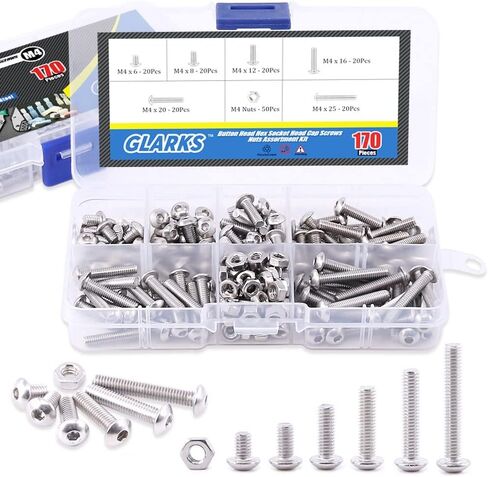 Glarks 170 قطعة M4 من الفولاذ المقاوم للصدأ Allen Hex Drive زر رأس مقبس غطاء مسامير وصواميل مجموعة متنوعة (M4) in Saudi Arabia
