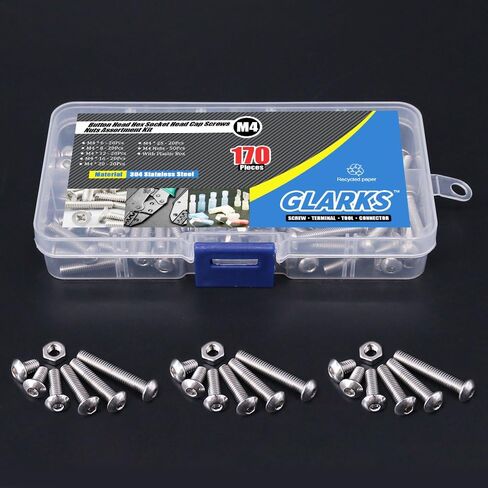Glarks 170 قطعة M4 من الفولاذ المقاوم للصدأ Allen Hex Drive زر رأس مقبس غطاء مسامير وصواميل مجموعة متنوعة (M4) in Saudi Arabia