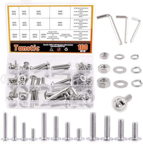Tanstic 163 قطعة M6 M8 M10 ذات حواف ذات زر رأس مقبس غطاء براغي مجموعة مسامير، 304 مسامير تثبيت من الفولاذ المقاوم للصدأ ألين سداسية الخيط الكامل مع غسالات، صواميل سداسية ومفتاح ألين in Saudi Arabia