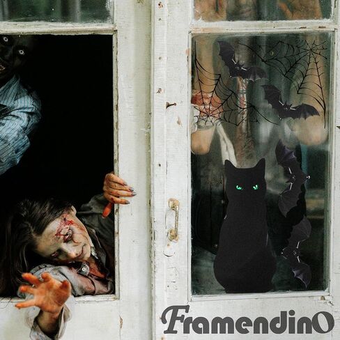 Framendino، 6 أوراق ديكورات نافذة الهالوين ملصقات نافذة كبيرة للقطط السوداء الواقعية ملصقات نافذة على شكل شبكة عنكبوتية وخفافيش ظلية لديكور المنزل في الهالوين in Saudi Arabia