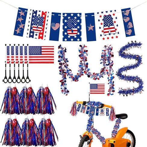 زينة الدراجة في الرابع من يوليو، العلم الأمريكي وشريط الدراجة الوطنية، ملحقات الدراجة للأطفال في 4 يوليو، موكب يوم الاستقلال، تزيين إكليل بهرج وراية in Kuwait