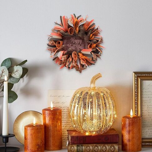 16 بوصة سقوط شبكة ديكو إكليل للباب الأمامي، سعيد سقوط الخشب تسجيل إكليل الشريط للاستخدام الداخلي والخارجي، الحصاد وعيد الشكر اكليلا برتقالية لديكور المنزل in Kuwait