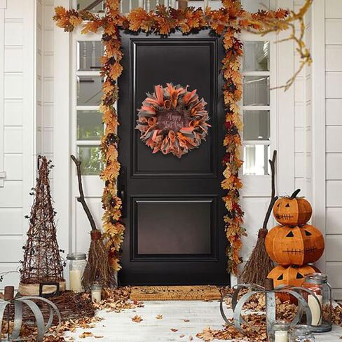 16 بوصة سقوط شبكة ديكو إكليل للباب الأمامي، سعيد سقوط الخشب تسجيل إكليل الشريط للاستخدام الداخلي والخارجي، الحصاد وعيد الشكر اكليلا برتقالية لديكور المنزل in Kuwait