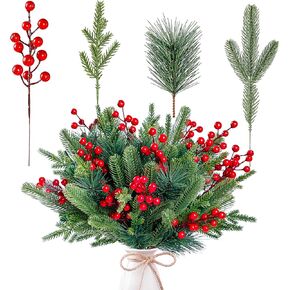 Sggvecsy 60 Pcs Artificial Pine Branches Fake Greenery Pine Picks Artificial Red Berry Stems Christmas Pine Needles for DIY Christmas Garland Wreath Xmas Embellishing Flower Arrangements Decoration