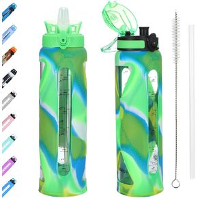 GOPPUS Glass Water Bottles with Straw and Flip Lid, Motivational Water Bottles with Time Marker Reminder and Silicone Sleeve, Leakproof, BPA Free (32 oz, Leopard Orange)