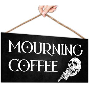 Vintage Mourning Coffee Wooden Sign for Halloween Decorations, Funny Witchy Mourning Coffee Bar Decor for Home, Gothic Coffee Home Decor,5.9 * 11.8 Inches