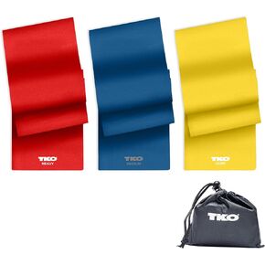 TKO Resistance Bands Set 3-Pack - 3 Latex-Free Rubber Flat Exercise Bands in Light, Medium, and Heavy Resistance Levels for Physical Therapy, Stretching, Strength Training (3-Pack, Red/Navy/Gold)