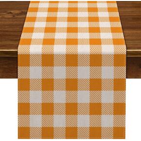 Nepnuser Orange White Buffalo Checked Plaid Table Runner Fall Harvest Gingham Thanksgiving Home Decor Holiday Birthday Party Kitchen Farmhouse Dining Room Decoration (13" x 72")