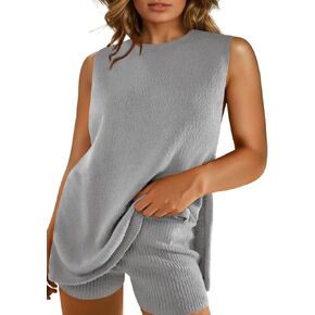 Beautife Womens Plus Size Sweater Sets Sleeveless Knit Tank Tops Matching Shorts 2 Piece Travel Vacation Outfits