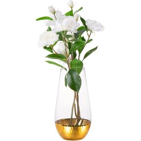 MyGift 10-Inch Modern Clear Round Tapered Glass Decorative Vase with Gold Tone Hammered Metal Base Accent, Table Centerpiece Flower Vase, Gift Idea for Mom