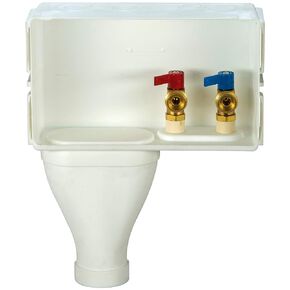 87371 Left-Hand Drain Wide-Mouth Washing Machine Outlet Box - Quarter-Turn Brass Valves, 1/2-Inch CPVC Connection, White Plastic