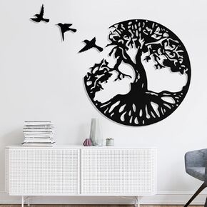 LZAOA 23in Tree of Life Metal Wall Art with 3Pcs Birds, 4Pcs Black Metal Wall Decorative Art with 3Pcs Birds for Living Room, Bathroom, Kitchen (23 inches Black)