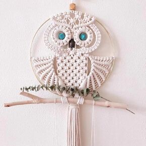 Owl Macrame Wall Hanging, Boho Nursery Decor Hand Woven Owl Macrame Wall Art, Home Decoration for Living Room Office Bedroom (Blue Eye, Owl)