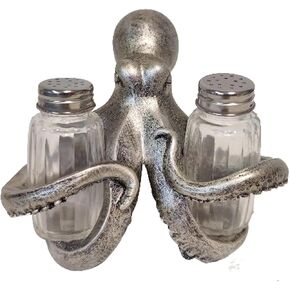 The Bridge Collection Octopus Salt and Pepper Shaker Holder Set - 3 Piece Set - Octopus Kitchen Items - Fun Salt and Pepper Shakers for Beach, Nautical, or Coastal Decor