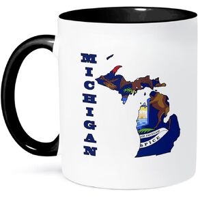 3dRose mug_58743_4 "Michigan state flag in the outline map and letters for Michigan" Two Tone Black Mug, 11 oz, Multicolor