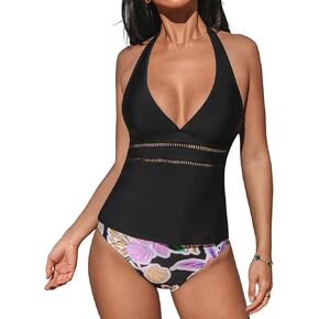 CUPSHE Women's Tankini Sets Two Piece Swimsuits Halter V Neck Self Tie Full Coverage Mid Rise