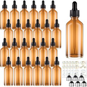 CycleMore 1oz 30ml 48 Pack Amber Glass Dropper Bottles with Glass Eye Droppers, Glass Dropper Bottles for Essential Oils & Lab Chemicals & More Liquids (2 Plastic Funnels and 60 Lables Included)