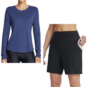 BALEAF Women's Sun Shirts with 7 Inch Athletic Shorts (Blue & Black Size M)