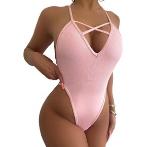 Women Sexy One Piece Swimsuit Female Pink Swimwear Backless Pink Bikini