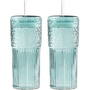 GOSCHE Glass Cups with Straws and Lids 2Pcs, 20oz Glass Cups Drinking Jar, Clear Iced Coffee Cups, Vintage Ripple Glassware for Water Coffee Tea, Clear