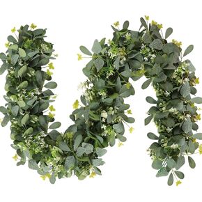 SOMYTING 2 Pack 6ft Artificial Eucalyptus Garland Spring Garland White Flowers Eucalyptus Leaves Vines Butterflies Greenery Garland Wedding Backdrop Arch Wall Mantle Table Centerpiece Decoration