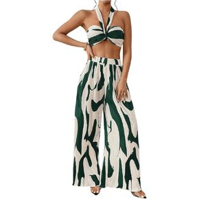 OYOANGLE Women's 2 Piece Outfits Graphic Print Knitted Crop Halter Top and Wide Leg Pants Set
