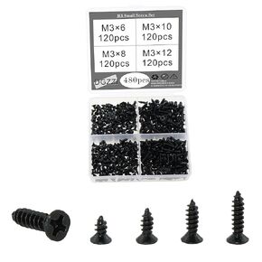 DGZZI 480PCS M3 Small Screw Set Phillips Flat Head Self Tapping Wood Screws Black DIY Miniature Screws for Woodworking Gardening Architecture Art and Craft Making