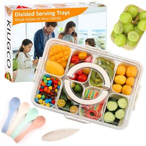 Snackle Box Container with Eco-friendly Spoons- Portable Divided Serving Tray with Lid &Handle &8 Compartments, Clear Snack Organizer for Fruits,Candy,Charcuterie - Essentials for Party,Travel,Beach