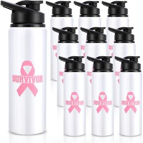 10 قطع هدايا للتوعية بسرطان الثدي للنساء، زجاجات مياه من الألومنيوم سعة 25 أونصة، زجاجة مياه وردية فاتحة، مقاومة للتسرب، كوب ماء رياضي بشريط وردي، زجاجة مياه من أجل جمع التبرعات الخيرية للماراثون in Kuwait