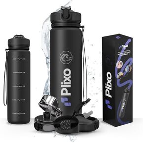 Plixo 32 Oz Water Bottle with 2 Lids (Silicone Straw Lid & Fast Flow Lid with Fruit Infuser) - Leak Proof, Durable Strong Strap, BPA Free Tritan, Time Markers - Made for Every Lifestyle
