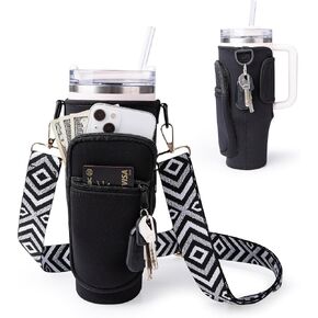 Water Bottle Carrier Bag 40/30 oz for Stanley Cup with Adjustable Strap, Water Bottle Holder for Stanley with Phone Pocket Cup Accessories- Black