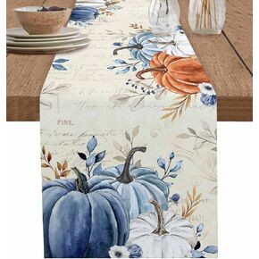 Thanksgiving Fall Table Runner - 72 Inch Long Maple Leaf Blue Orange Gray Pumpkin Cotton and Linen Blended Dress Scarves Farmhouse Table Runner for Kitchen Dining, Coffee Table, 13" x 72"
