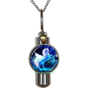 Moonlight Unicorn Photo Cremation URN Necklace Horse with Wings Jewelry Glass Cabochon URN Chain Neckless Women Fashion Jewelry,Q0224