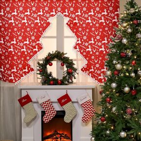 Christmas Tree Kitchen Curtain Xmas Tree Window Valance Decorations Seasonal White Pompom Curtains Holiday Winter Curtains for Kitchen Bathroom Home, Red White 48 x 36 Inches
