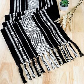 Boho Cotton Table Runner 14x90 Inch, Rustic Farmhouse Macrame Table Runner with Tassels, Black and White Woven Table Runner for Dining Room,Holiday Party, Bridal Shower and Wedding Decoration